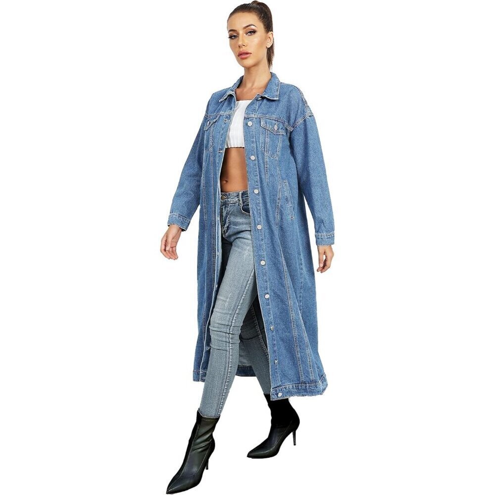 Plus Size Denim Trench Coat Women's Long Sleeve Button-Down Overknee - Picture 4 of 6